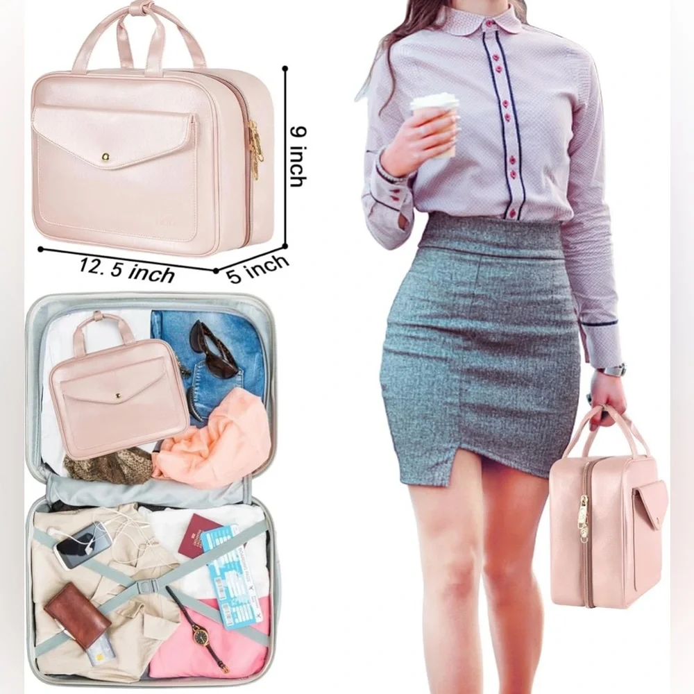 MATEIN Women’s Travel Toiletry Bag Faux Leather Look Pink‎ Sheen Hanging Storage
